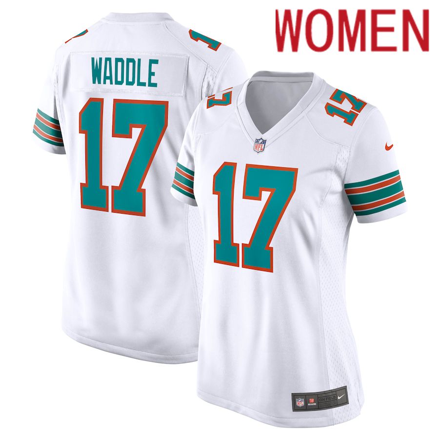 Women Miami Dolphins #17 Jaylen Waddle Nike White Game NFL Jersey->women nfl jersey->Women Jersey